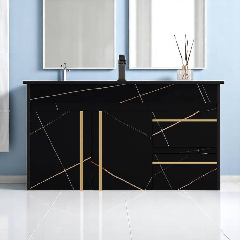 35.4 Inch Wall-Mounted Bathroom Vanity with Engineered Stone Top, Ceramic Sink, Soft-Close Drawers & Door - Black