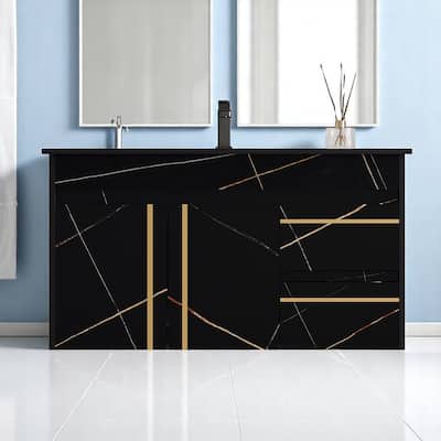 35.4 Inch Wall-Mounted Bathroom Vanity with Engineered Stone Top, Ceramic Sink, Soft-Close Drawers & Door