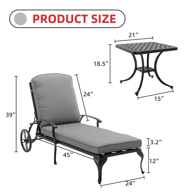 3-Piece Aluminum Reclining Outdoor Chaise Lounge with Cushions and Table