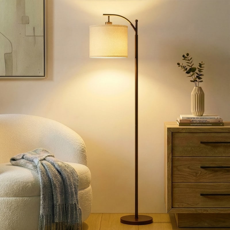 Brightech Montage 62 in. Mid-Century Modern LED Super Bright Floor Lamp with Beige Fabric Drum Shade - Bronze