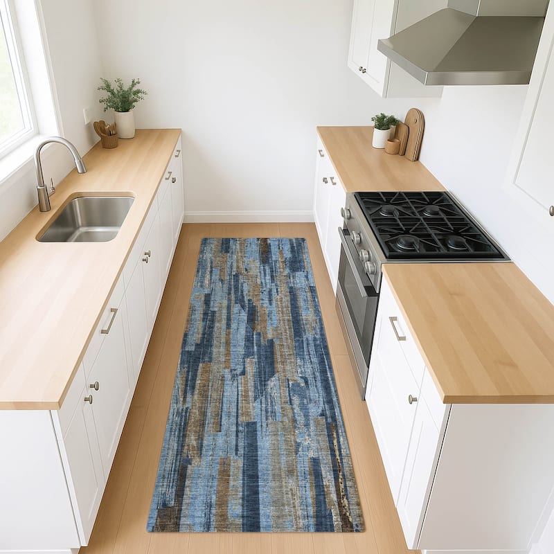 Machine Washable Indoor/ Outdoor Modern Stripes Chantille Rug