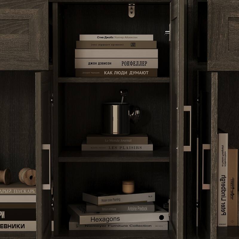 Modular Glass Door Bookcase Wall Unit with Storage Cabinets and Drawers, Dark Oak Display Hutch for Living Room or Home Office