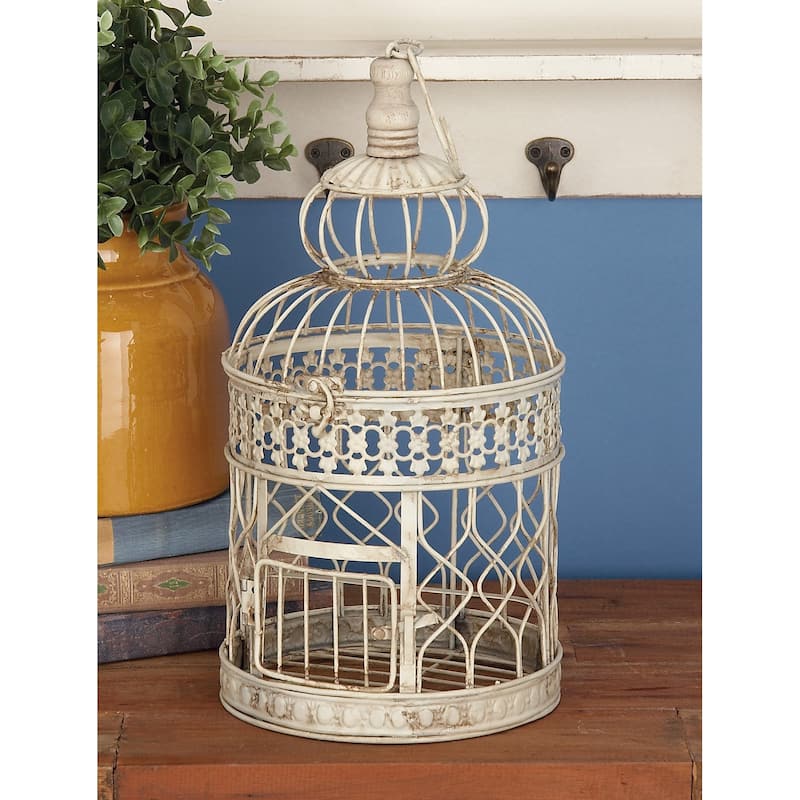 Cream Metal Hinged Top Birdcage with Latch Lock Closure and Hanging Hook (Set of 2)