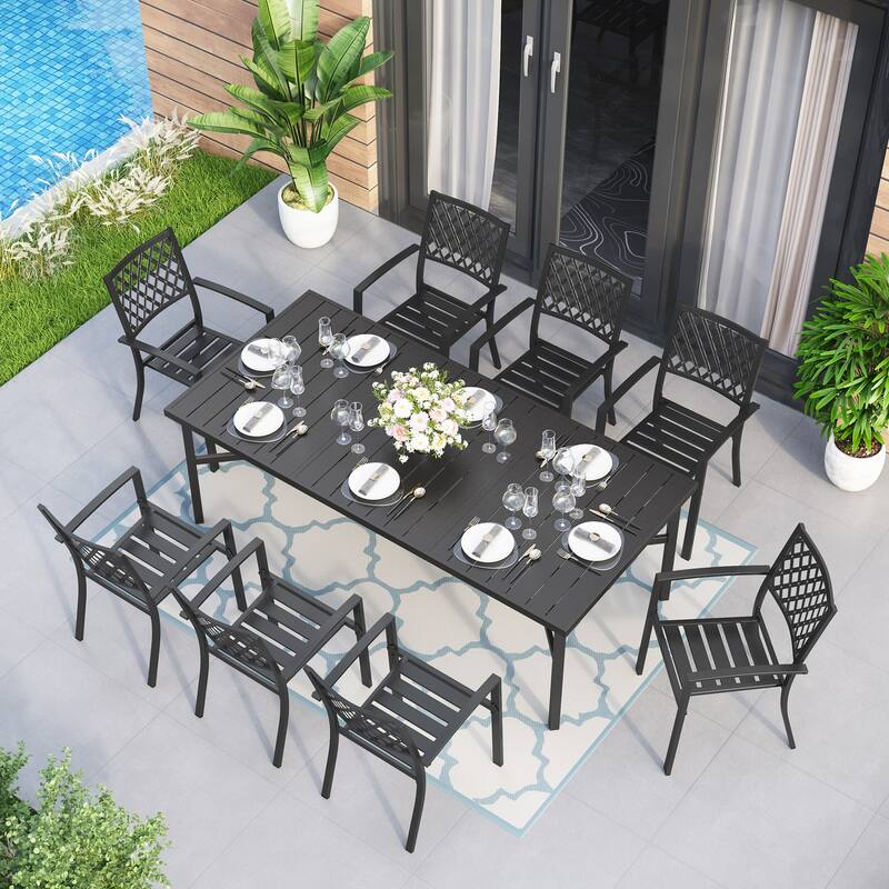 MAISON ARTS Patio Dining Set of 9 Pieces Patio Furniture Set Metal Rectangle Dining Table 8 Metal Stackable Chairs - Elegant Chairs