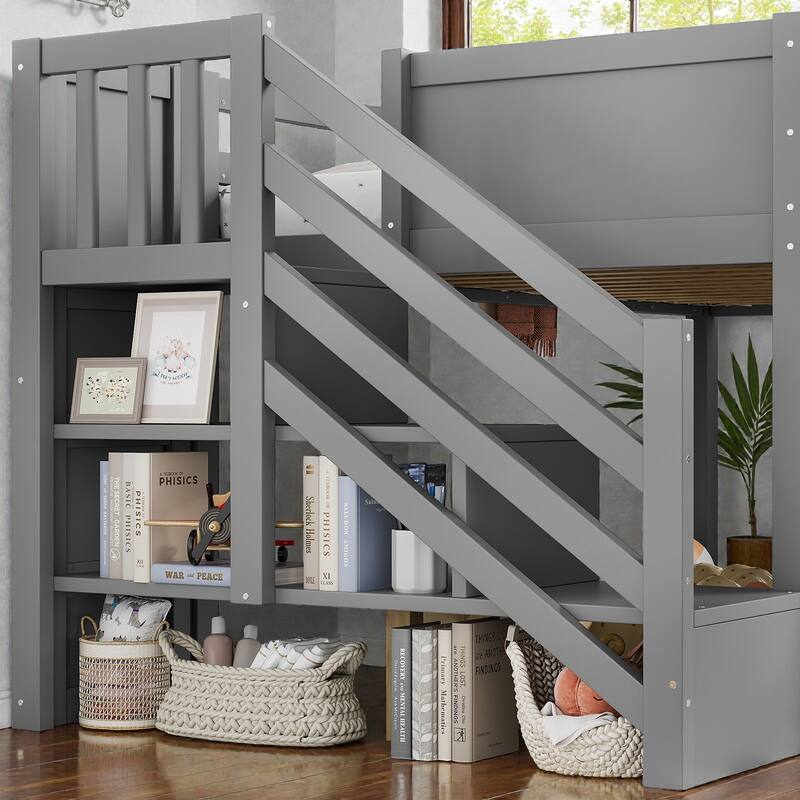 Twin House Loft Bed with Slide and Stairs, Storage Cabinets and Removable Desk, Kids Space Saving Loft Bed