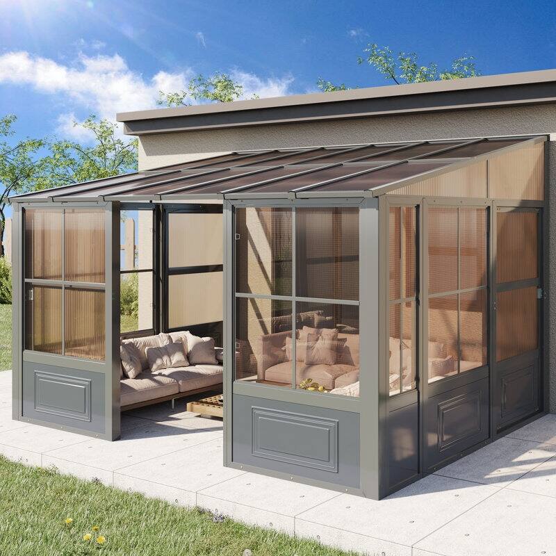 Outdoor Solarium Sunroom,Patio Hardtop Gazebo,All-Season Aluminum Patio Gazebo with with Sliding Doors and Screens