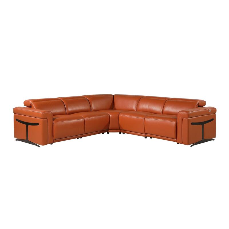 HomeRoots Camel Italian Leather Modular L Shaped Five Piece Corner Sectional