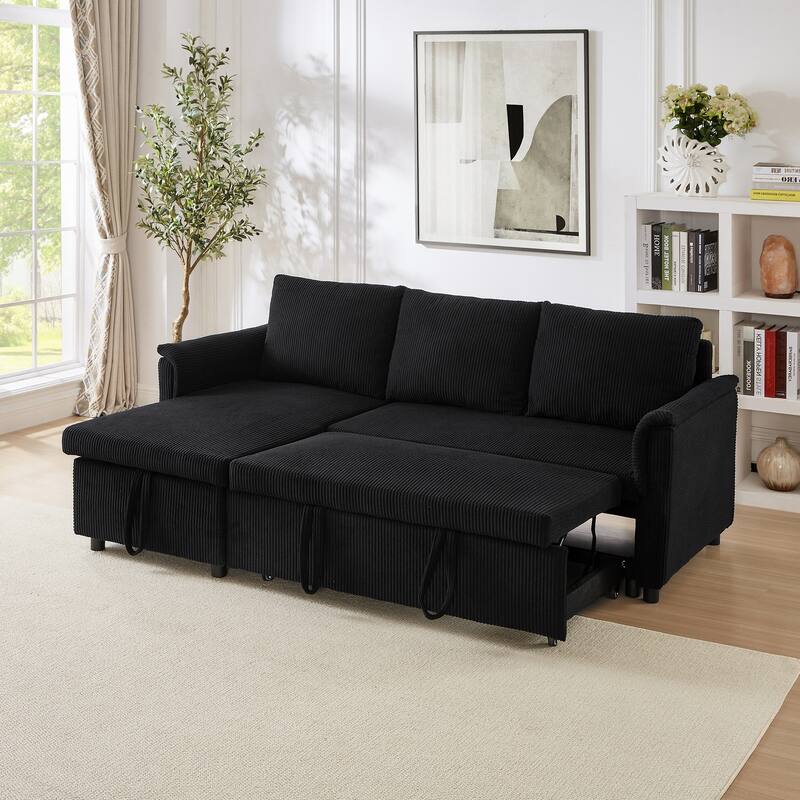 Convertible Corduroy Modular Loveseat Pull-Out Sleeper with Storage Chaise and Reclining Backrest for Living Room
