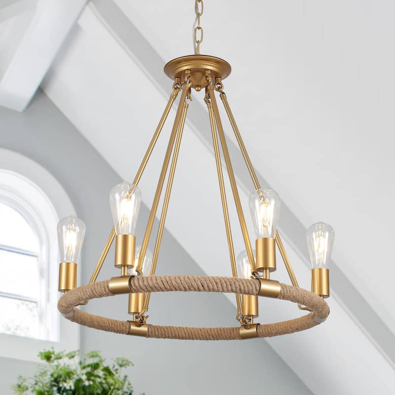 6-Light Farmhouse Chandelier, Modern Wagon Wheel Chandelier for Dining Room Living Room Bedroom Kitchen - W22.83"x H23.26" - Spray Gold