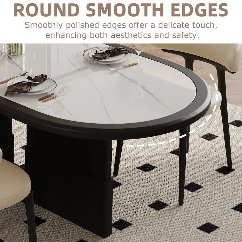 Modern 78.74" Oval Black Dining Table, Solid Wood Veneer, With White Sintered Stone Table top for 8