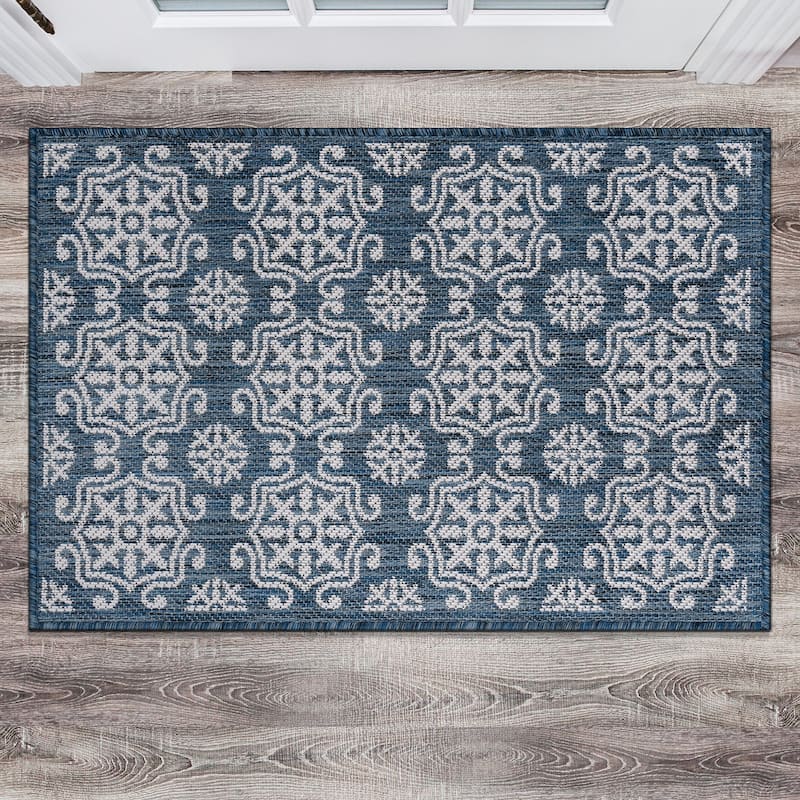 World Rug Gallery Transitional Geometric Textured Flat Weave Indoor/Outdoor Area Rug - 2'x3' - Navy
