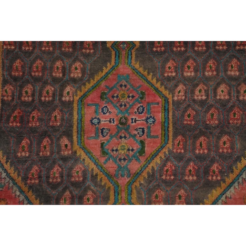 Hand Knotted Oriental 100% Wool Carpet Traditional Geometric Greys & Charcoal Hamedan Runner Rug - 9' 2'' X 3' 6''