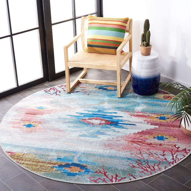 SAFAVIEH Barbados Profira Tropical Indoor/ Outdoor Waterproof Patio Backyard Rug - 6'6" Round - Light Blue/Pink