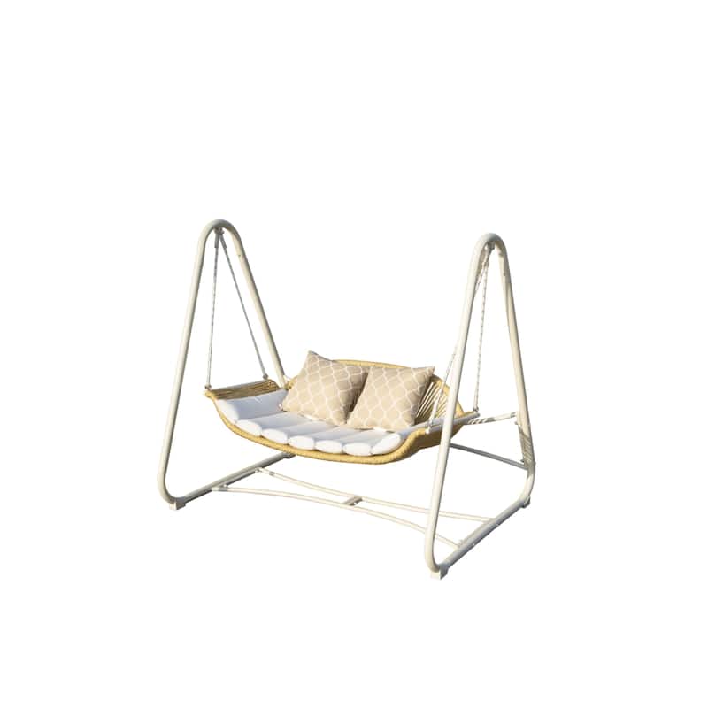 Steel Frame 2-Seat Porch Swing with PE Rattan Weave, 750lb Capacity and Thickened Cushions