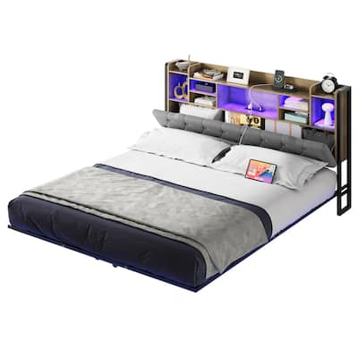 Moasis Floating Bed Frame Upholstered Platform Bed with RGB LED Lights Headboard Storage and Charging Station