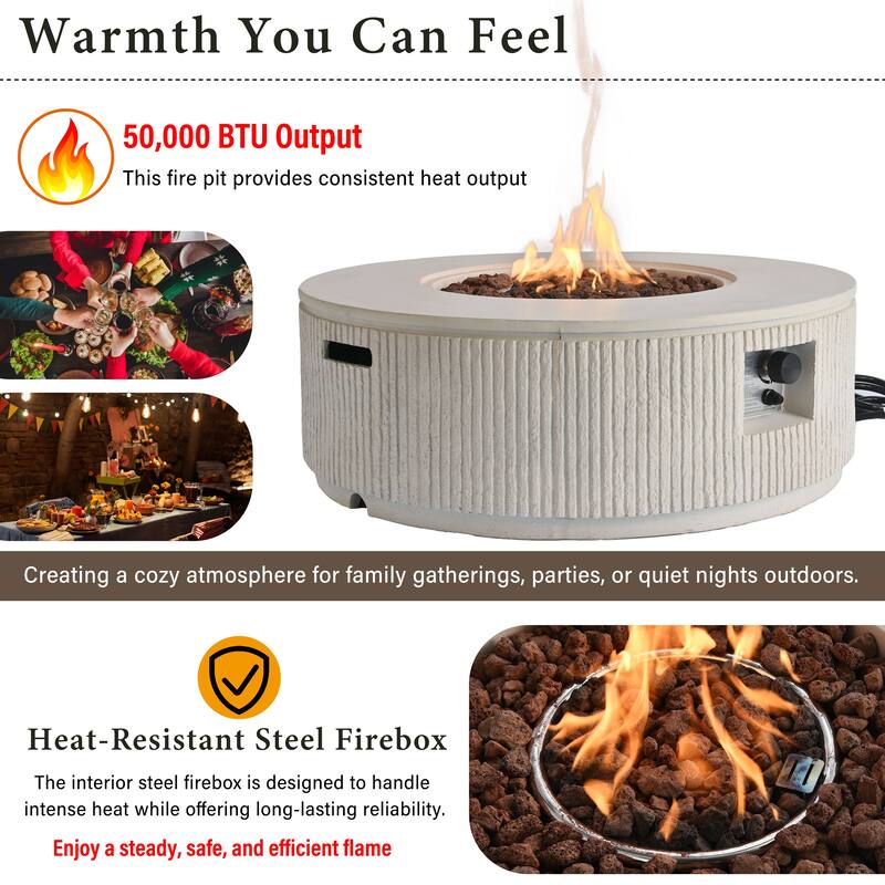 38.19" Propane Outdoor Fire Pit with Vertical Stripe Design, 50000 BTU Round Fire Pit Table with Steel Burner, Flame Control