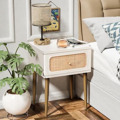 COZAYH Farmhouse Wicker Rattan Nightstand, Boho Mid-Century Coastal Wooden Bedside Table, Wooden Storage Cabinet