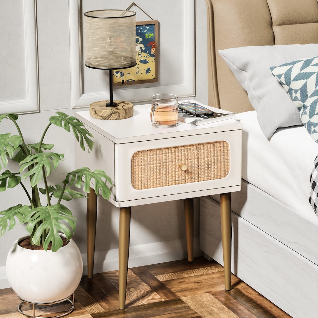 COZAYH Farmhouse Wicker Rattan Nightstand, Boho Mid-Century Coastal Wooden Bedside Table, Wooden Storage Cabinet