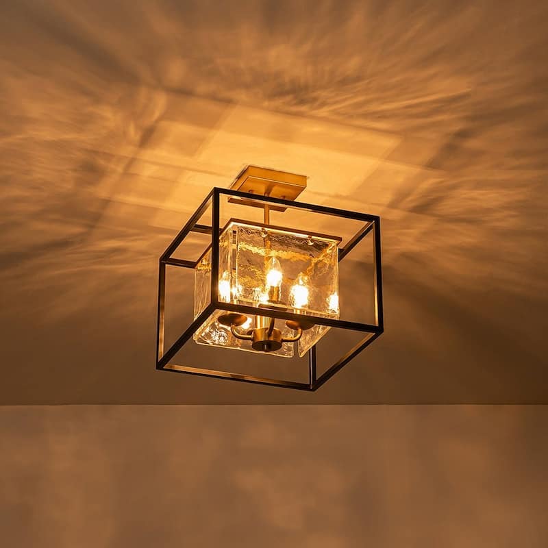 4-Light Modern Ice Glass Black and Brass Tiered Semi-flush Mount - 14.0in
