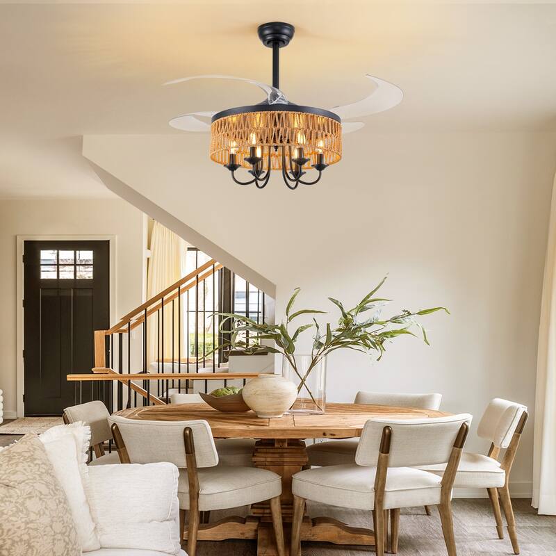 40" Boho Rattan Retractable Drum Ceiling Fan with Light and Remote - 40''-6 Lights
