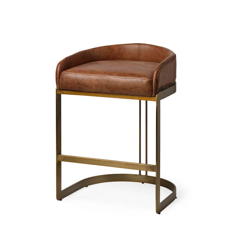 Hollyfield Medium Brown Genuine Leather Seat with Gold Metal Frame Counter Stool - 29.0 - Single - Brown - Counter Height