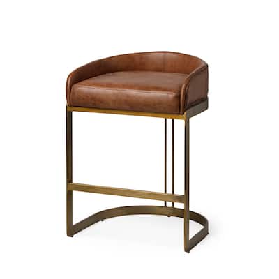 Hollyfield Medium Brown Genuine Leather Seat with Gold Metal Frame Counter Stool - 29.0