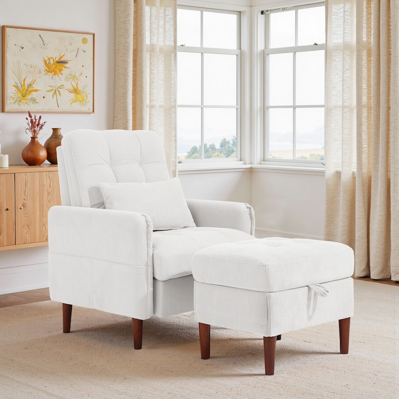 Adjustable Backrest Upholstered Accent Chair with Storage Ottoman Set - WHITE