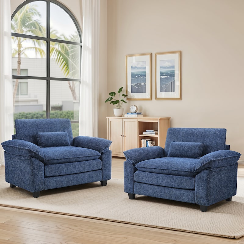 The Modern Reading Chair With Arms Pillows, Upholstered Armchair Accent chair Set of 2 - 52"W X 54.6"D X 34.6"H - Deep Blue