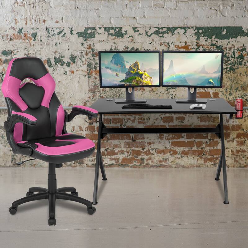 Gaming Desk Bundle - Cup/Headphone Holders, Wire Management - Pink