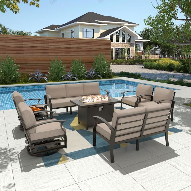 Aluminum Patio Furniture Set with FirePit Ottomans Swivel Chairs,Sectional Sofa with Thick Seat Cushions for Porch Garden