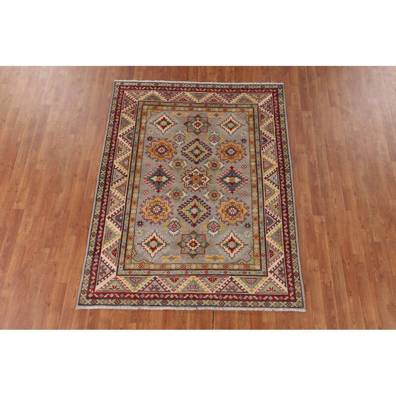 Grey Geometric Kazak Oriental Area Rug Hand-Knotted Wool Carpet - 5'1" x 6'7"