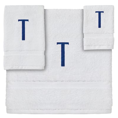 3-Piece Letter T Monogrammed Bath Towels Set, Embroidered Initial T Wedding Gift (White, Blue)