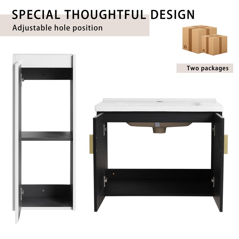 28" Wall-Mounted Bathroom Vanity With Ceramic Sink and Side Cabinet, Soft Close Doors, Combination Cabinet