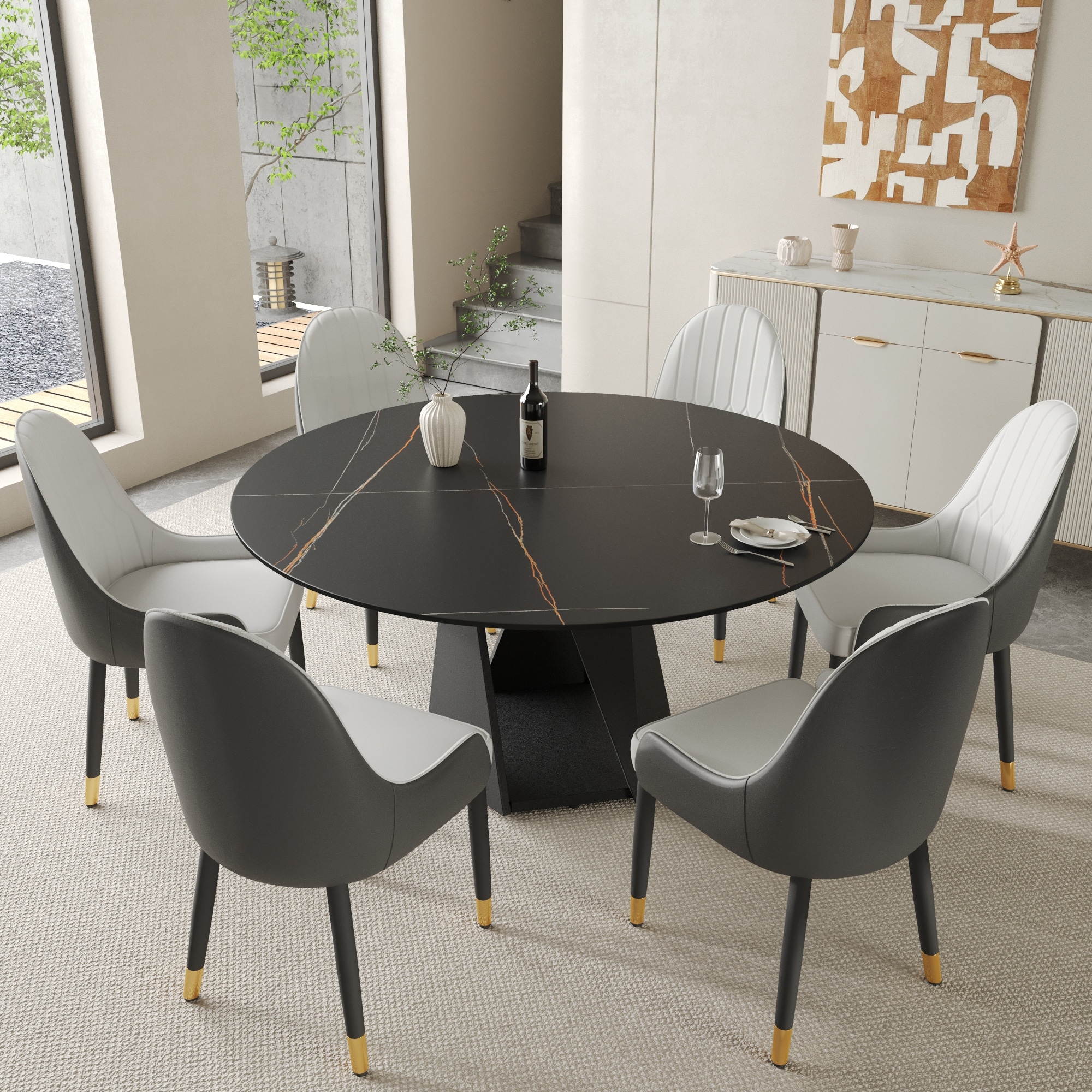 Round Marble Sintered Stone Table Top and Metal Legs, 59" Kitchen Table, Dinner Table for 8 People