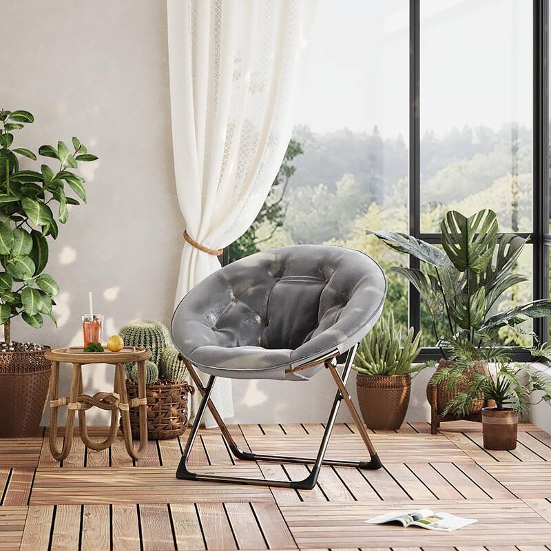Comfy Folding Saucer Chair for Bedroom, Faux Fur Lounge Moon Chair with Sturdy Metal Frame, Oversized Plush Flower