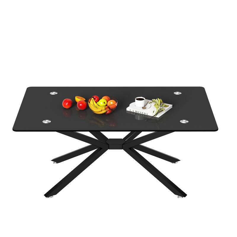 39.37" Rectangle Black Glass Coffee Table,Stylish Design with Black Metal Legs, Coffee Table for Living Room