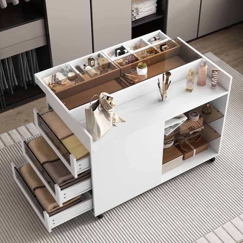 Roomfitters Multi-Functional Storage Island Vanity Console with Glass Display Shelves and Reversible Top, White - White