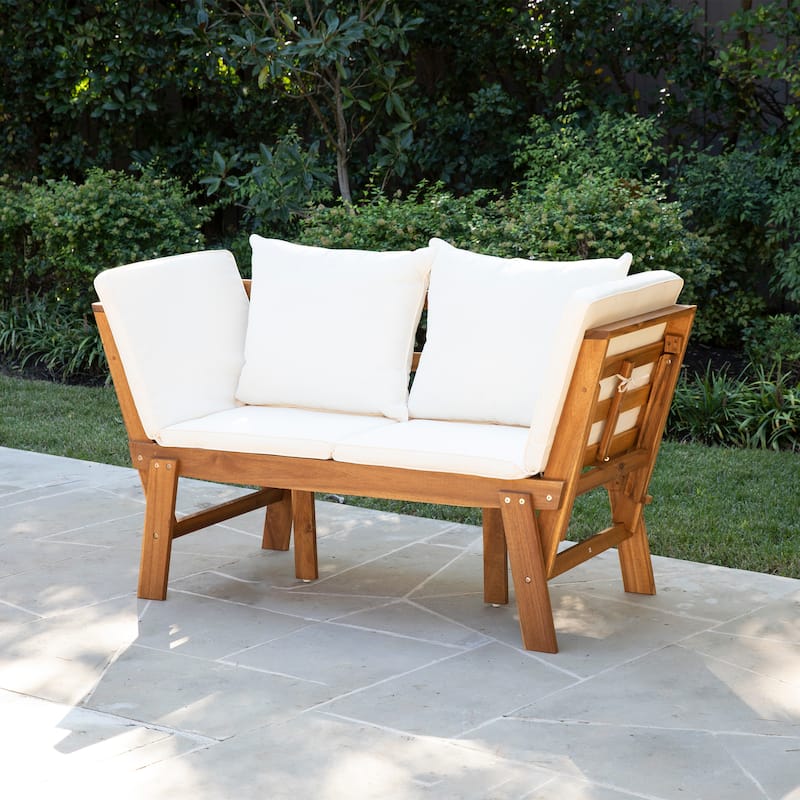 SEI Furniture Dolavon Outdoor Convertible Patio Lounge Loveseat Daybed - Oiled Acacia / White