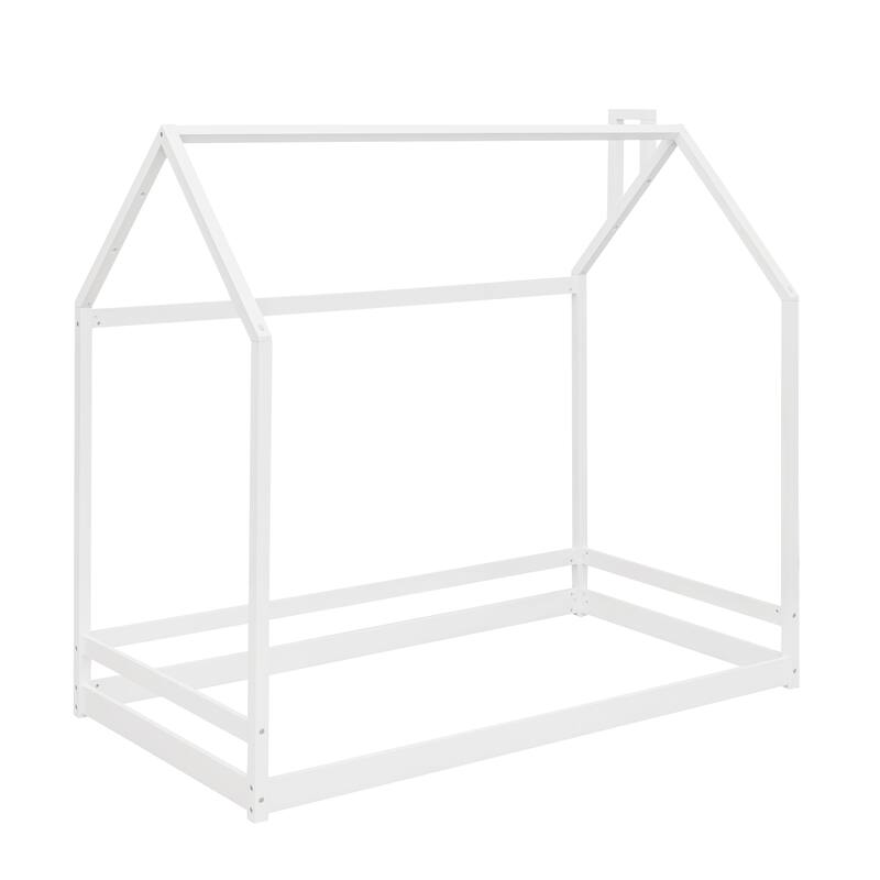 Kids Twin House Bed with Roof, Semi-Enclosed Play Area, and Sturdy Pine Frame