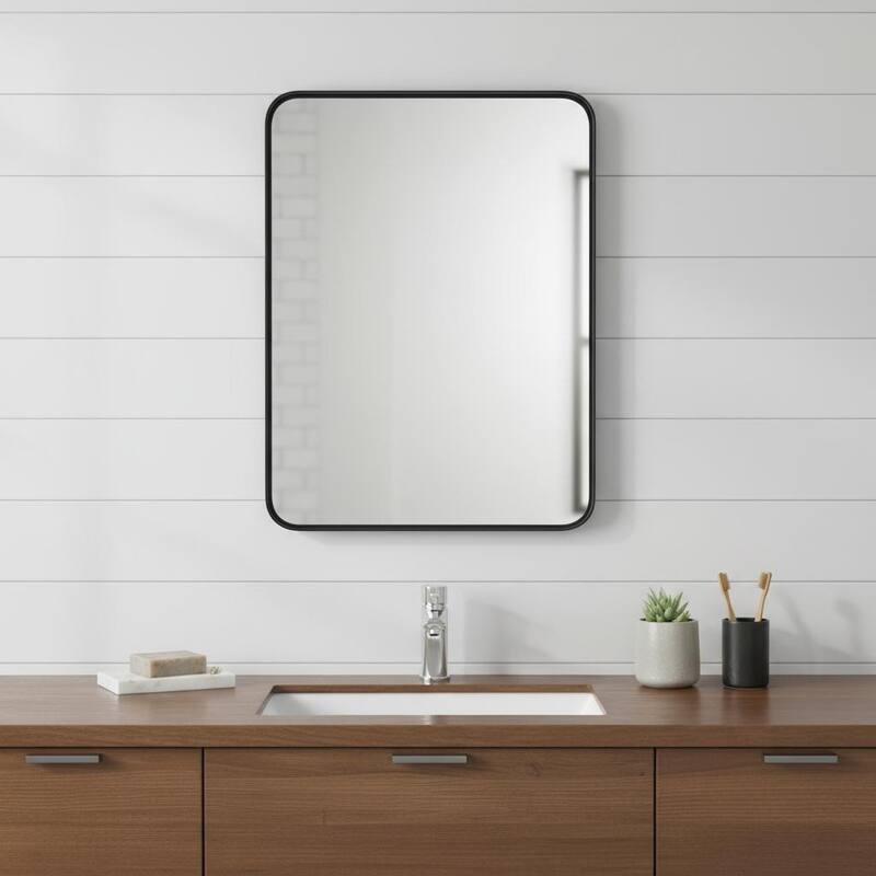 HomeRoots 35" Black Metal Floating Framed Bathroom Vanity Mirror - 23.60 in. x 35.40 in. x 1.30 in. - 23.60 in. x 35.40 in.  x 1.30 in.