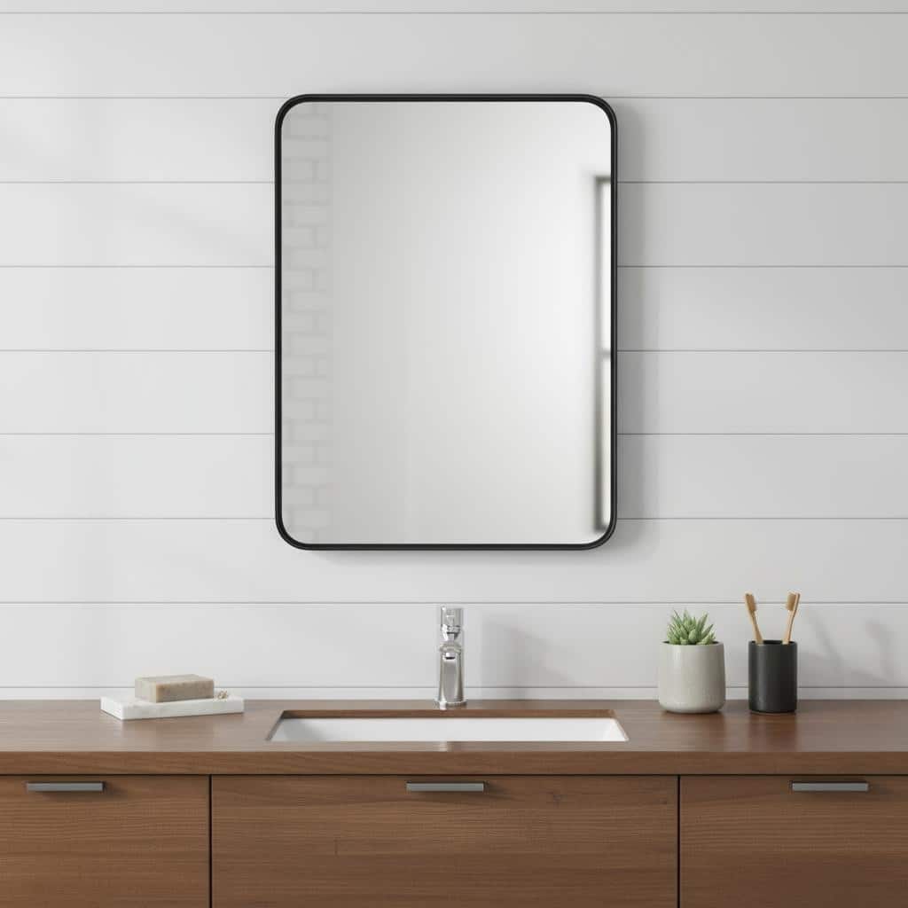 HomeRoots 35" Black Metal Floating Framed Bathroom Vanity Mirror - 23.60 in. x 35.40 in. x 1.30 in.