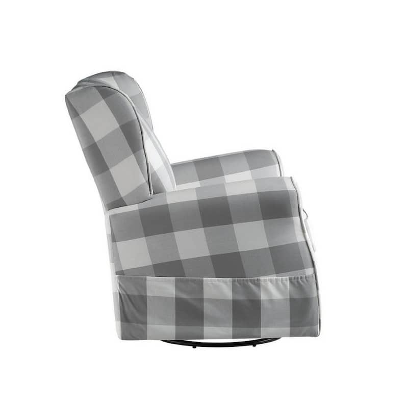 35 Inch Accent Swivel Chair, Glider, Checkered Fabric, Light Gray