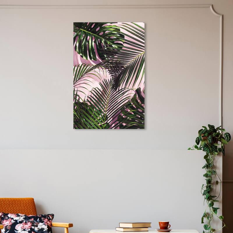 Wynwood Studio Canvas Floral and Botanical Crowded Leaves Pink and Tropical Wall Art Canvas Print - 30 x 20