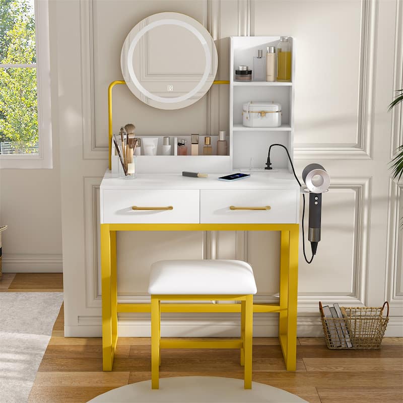 Makeup Vanity with 3 Color LED Lights,Power Outlet,Drawers and Chair