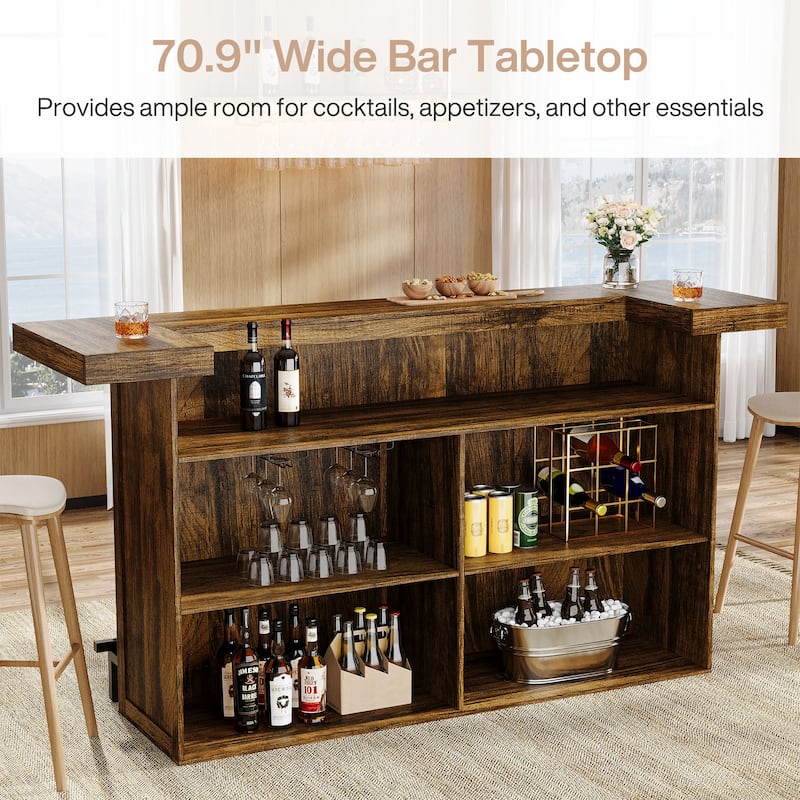 4-Tier Wooden Bar Table, 70.9" Large Home Bar Unit with Storage Shelves for Home, Patio, Basement