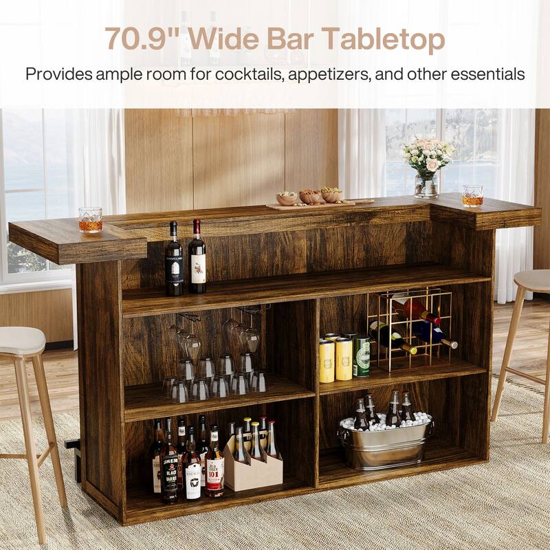 70.9" Wooden Home Bar Table with Wine Glass Holder, Pub Storage Unit Accent Table for Home Patio Basement