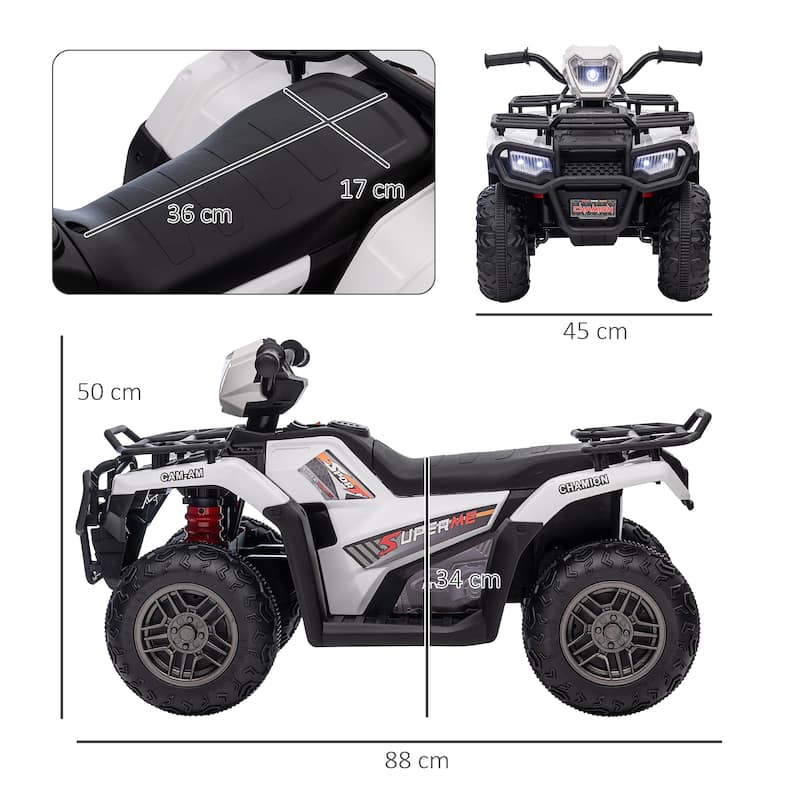 12V Kids Electric ATV Battery Powered Car with Headlight, White Off-Road Toy Car Ride on Car with Music