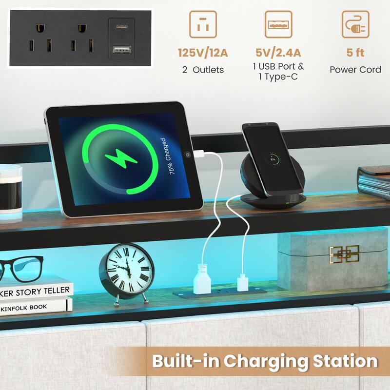 Gymax Twin Size Bed Frame w/LED Light & Charging Station Heavy Duty