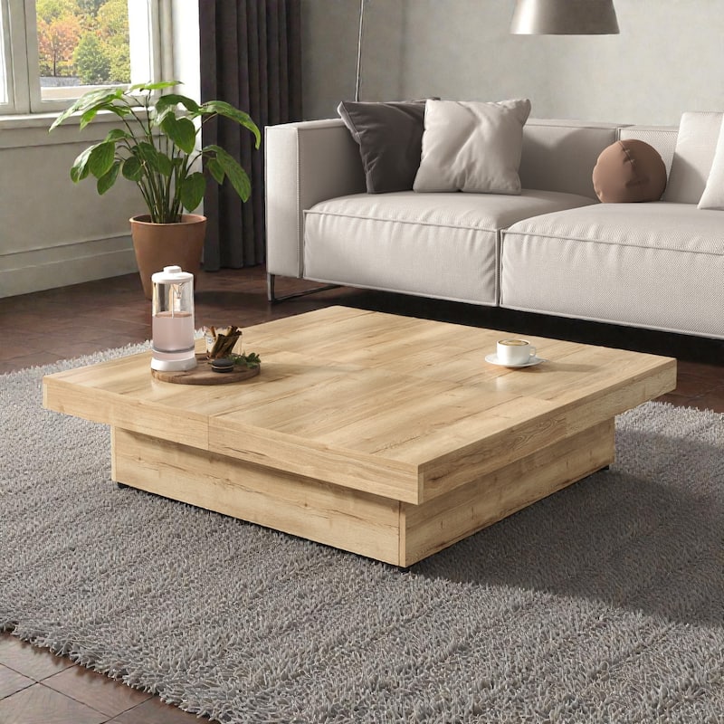 Square Sliding Top Coffee Table with Storage, Modern Veneer Wood Coffee Table, Hidden Storage Center Table - Natural