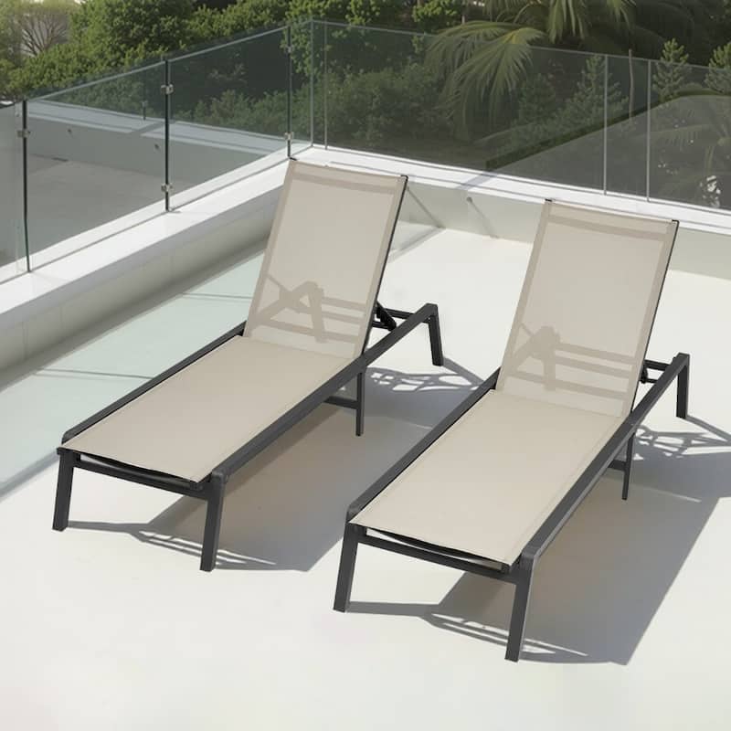 Grey and Black Outdoor Folding Chaise Lounge Chair with Adjustable Backrest and Aluminum Frame - 43.7” x 23.43” x 4.13”
